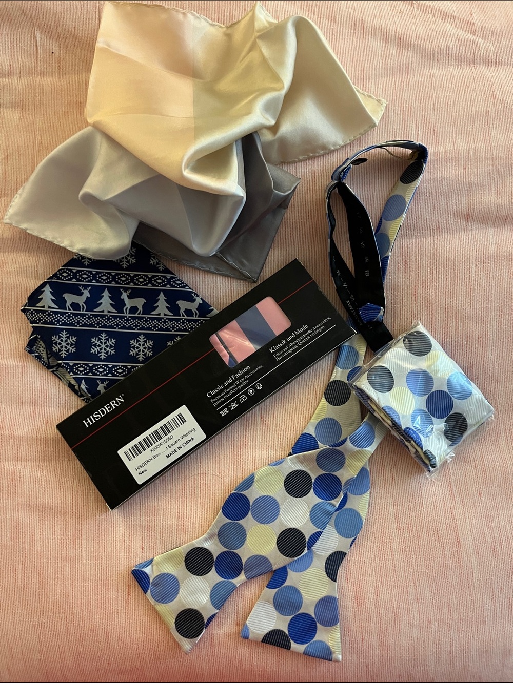 Lot of Men’s Blue Polka Dot and Pink and Navy Stripe Self-Tie Bow Tie Set